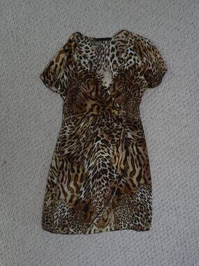 European Vintage Silk Cheeta Animal Print V Neck Dress M
